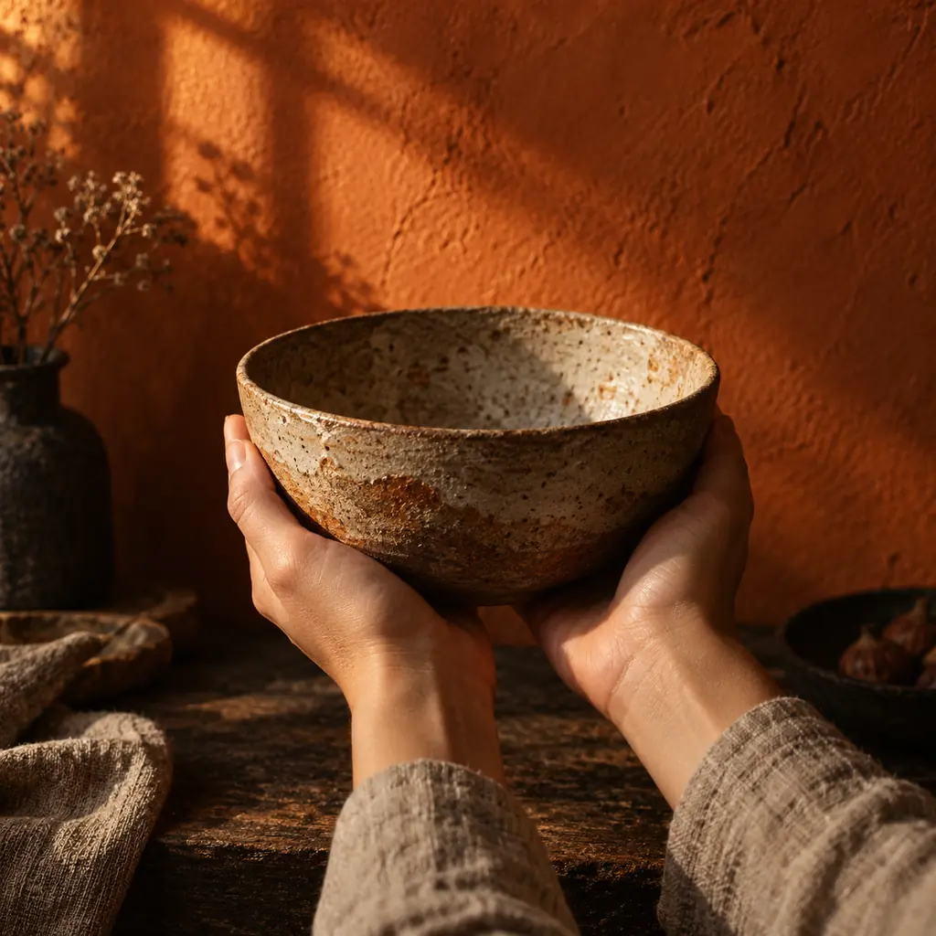 Two hands holding a handmade stoneware bowl against a warm orange plaster wall