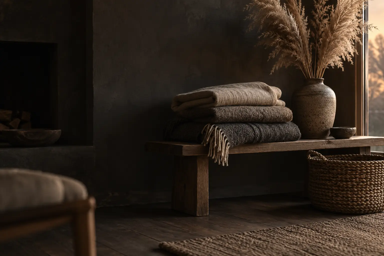 Folded linen and wool blankets on a low oak bench next to a woven basket and a vase of dried grass