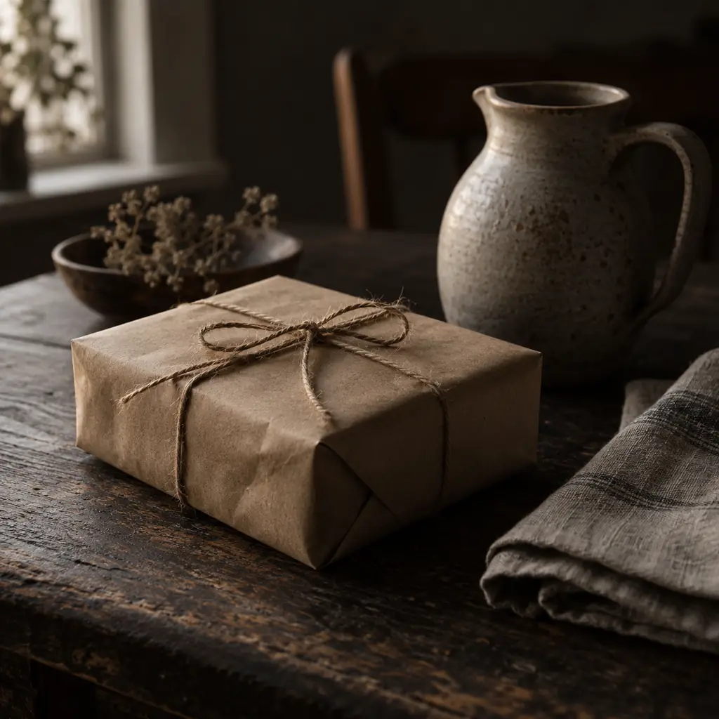 A parcel wrapped in kraft paper and tied with twine on a dark table beside a ceramic jug